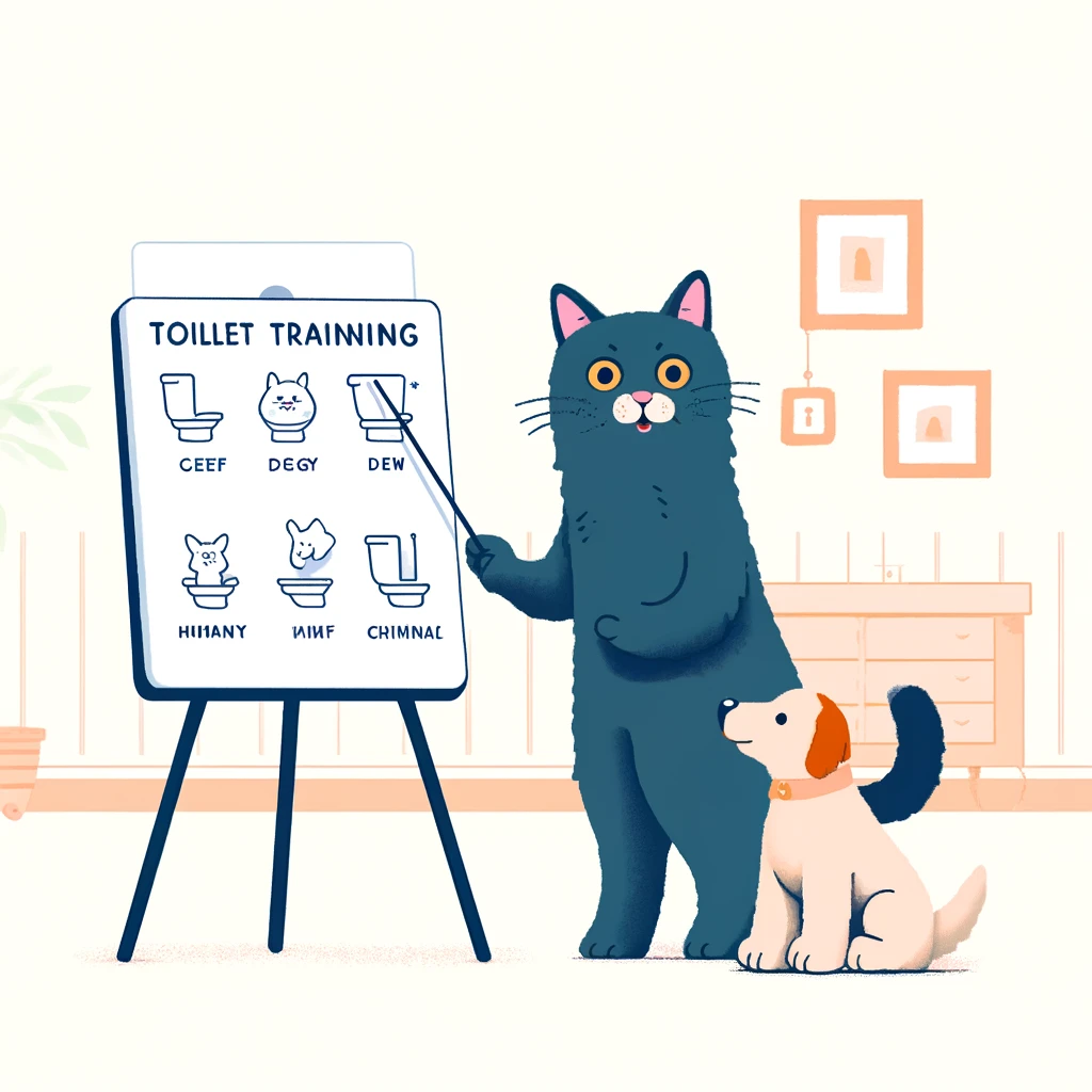 トイレトレーニングについて説明するネコと聞いている犬のイラスト