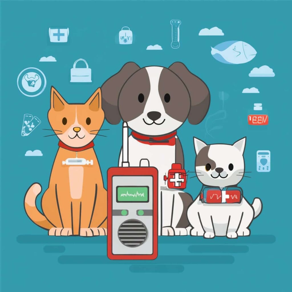 猫２匹、犬１匹、ラジオ、スマートフォン、防災用品、集まって話し合うイラスト