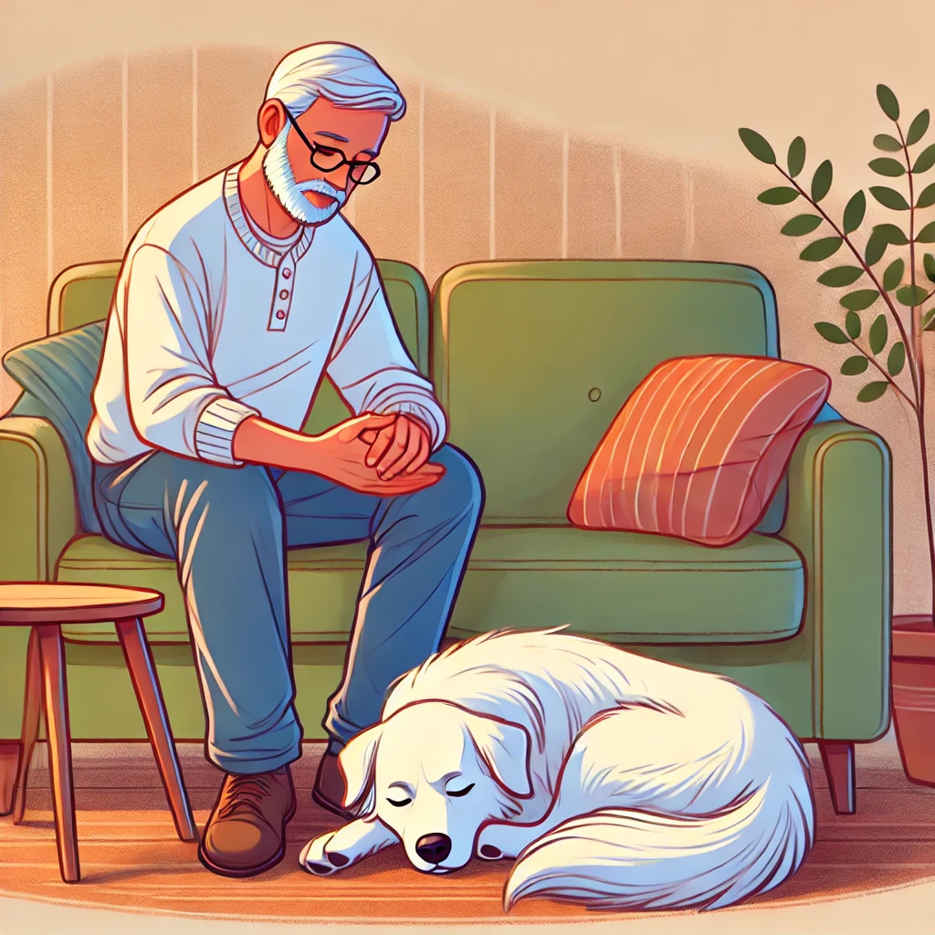 イラスト。ソファーの隣を見下ろすと白い犬が丸まって眠っている。パパは優しく犬を見つめる