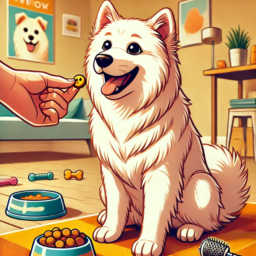 頑張った後のおやつをもらう犬のイラスト