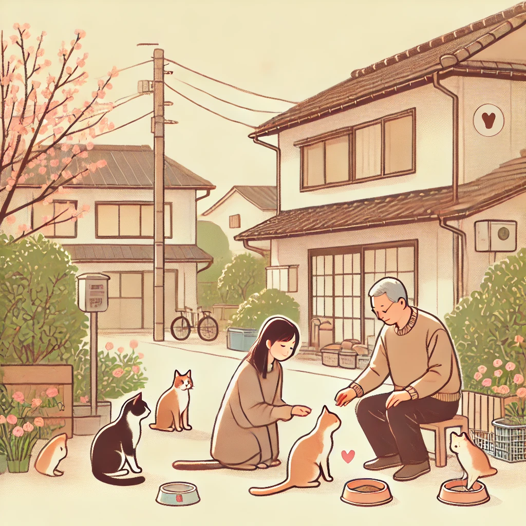 イラスト 住宅街で地域猫の世話をする大人たち