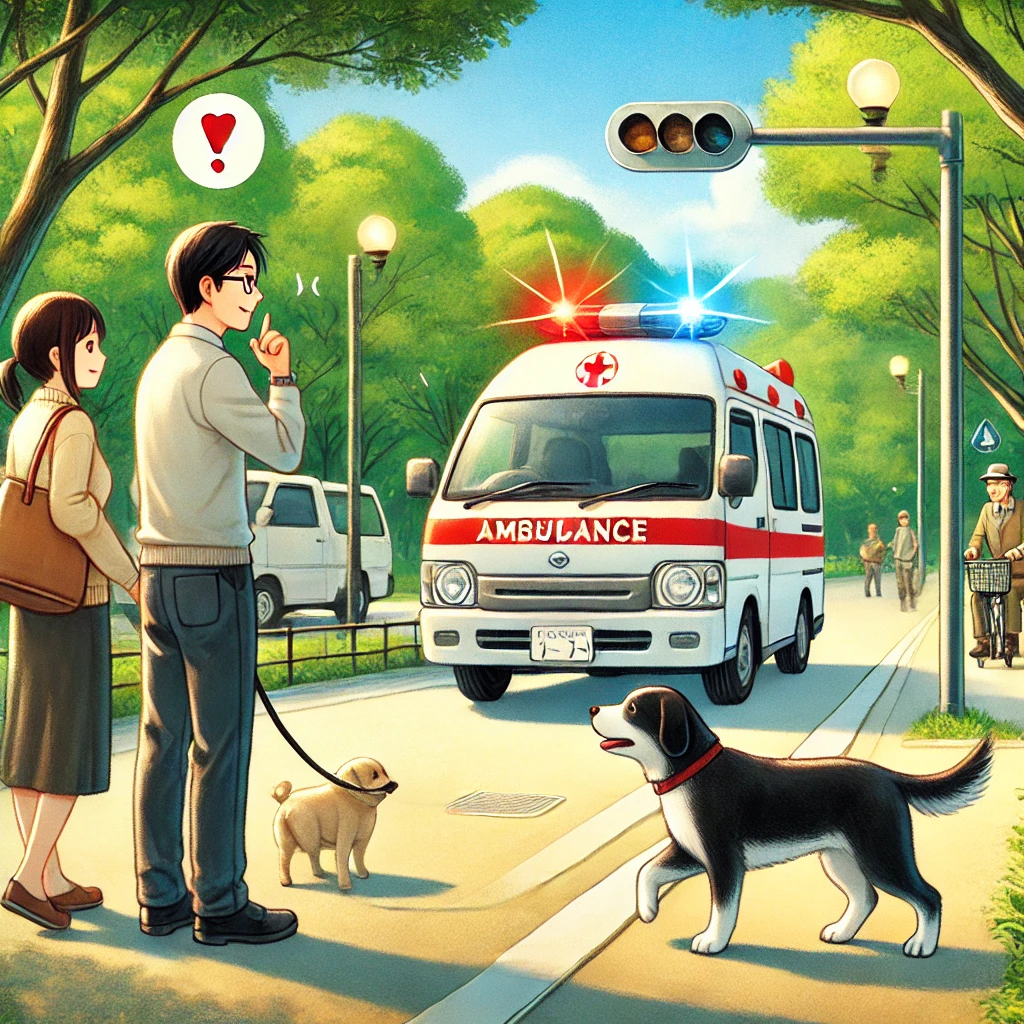 イラスト 犬の散歩中に近づいてくる救急車