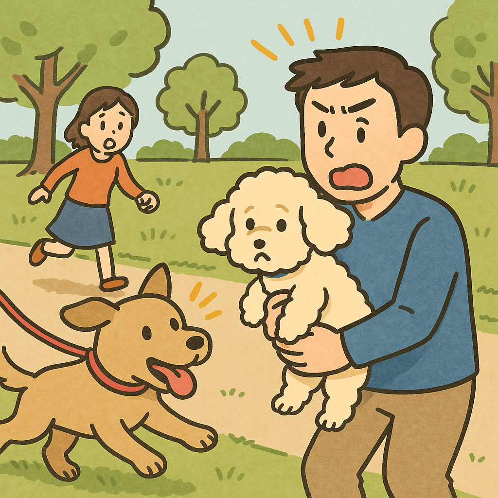 イラスト 公園で他のイヌが近づいて、あわててパパに抱き上げられたイヌ