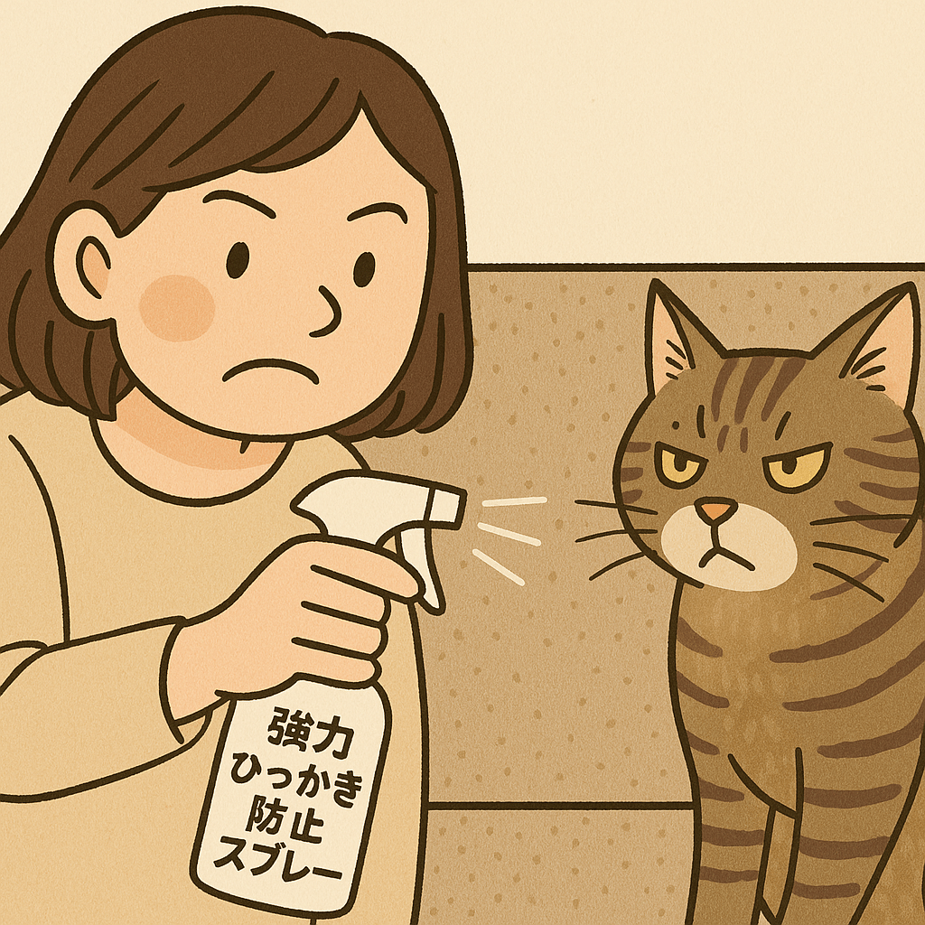 イラスト ネコの前で女性の手に強力ひっかき防止スプレーのボトル。