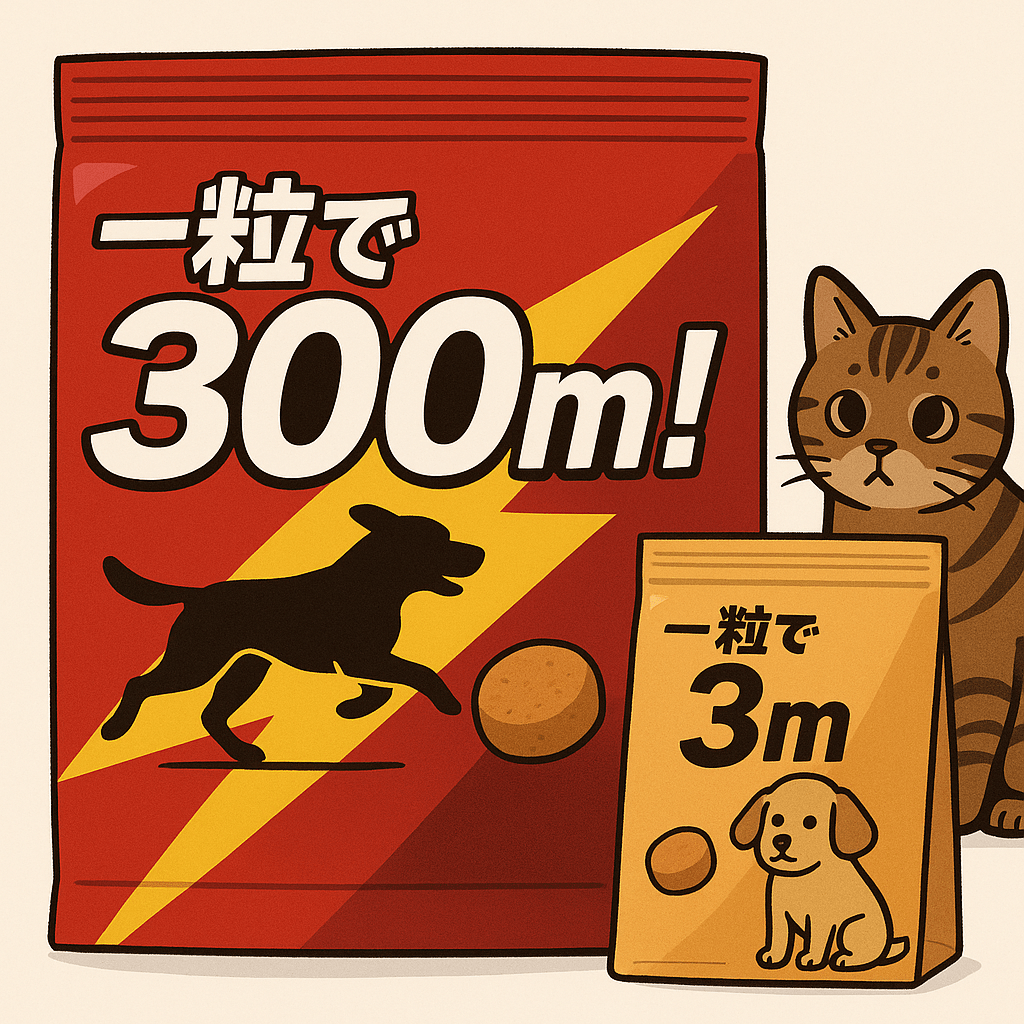 イラスト。「一粒で300m!」「一粒で3m」と書かれたおやつの袋